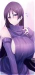  1girl absurdres alternate_costume bare_shoulders blush breasts closed_mouth cowboy_shot detached_sleeves fate/grand_order fate_(series) flying_sweatdrops highres large_breasts long_hair long_sleeves looking_at_viewer minamoto_no_raikou_(fate/grand_order) purple_hair ribbed_sweater sideboob sleeveless sleeveless_turtleneck smile solo sweater turtleneck turtleneck_sweater very_long_hair violet_eyes wadakazu 