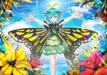 1girl :d antennae bangs blue_hair blue_rose blue_sky breasts butterfly_wings clouds cloudy_sky commentary_request dress eternity_larva eyebrows_visible_through_hair fang flower green_dress hair_between_eyes hair_ornament hibiscus hidden_star_in_four_seasons hill hydrangea kusakanmuri leaf leaf_hair_ornament light_rays looking_at_viewer open_mouth outstretched_arms rainbow_gradient rose short_hair sky smile solo sparkle sun sunbeam sunflower sunlight touhou water wings yellow_eyes 