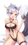  1girl :d animal_ears bikini black_bikini blush breasts collarbone dungeon_and_fighter fang fox_ears fox_girl fox_shadow_puppet front-tie_bikini front-tie_top halter_top halterneck hand_up highleg highleg_bikini highres large_breasts looking_at_viewer lotpe navel open_mouth red_eyes silver_hair sitting smile solo swimsuit thigh_strap thighs wolf_ears 