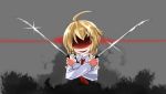  1girl :d between_fingers blonde_hair crossed_arms darkness dual_wielding holding holding_sword holding_weapon mousou necktie open_mouth rumia shaded_face shirt short_hair smile sword touhou vest weapon 