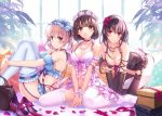  3girls absurdres all_fours bag black_hair black_legwear blue_eyes breasts brown_hair choker cleavage frilled_legwear garter_straps hairband handbag headband high_heels highres jewelry kasumigaoka_utaha katou_megumi lace lace-trimmed_thighhighs lolita_hairband long_hair misaki_kurehito multiple_girls necklace panties pearl_necklace petals rose_petals saenai_heroine_no_sodatekata sawamura_spencer_eriri short_hair sitting smile thigh-highs twintails underwear wariza white_legwear white_panties window 