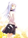  1girl angel_beats! black_skirt high_ponytail long_hair looking_at_viewer looking_back parted_lips pleated_skirt sakura_ani shirt silver_hair simple_background skirt solo standing tachibana_kanade white_background white_feathers white_shirt yellow_eyes 