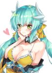  1girl aqua_hair blush breasts cleavage eyebrows_visible_through_hair fate/grand_order fate_(series) hand_on_own_cheek heart horns japanese_clothes kimono kiyohime_(fate/grand_order) kuroko_(krgm965) large_breasts long_hair looking_at_viewer low_twintails simple_background smile solo twintails upper_body white_background yellow_eyes 
