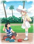  black_hair blonde_hair green_eyes kuriyama lillie_(pokemon) pokemon pokemon_(anime) pokemon_sm pokemon_sm_(anime) satoshi_(pokemon) 