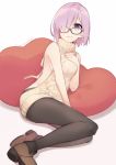  1girl 3: aikanm aran_sweater backless_outfit bangs black-framed_eyewear boots breasts brown_boots character_name closed_mouth drawstring dress embarrassed fate/grand_order fate_(series) glasses hair_over_one_eye halterneck hand_on_own_chest looking_at_viewer medium_breasts meme_attire open-back_dress pantyhose pillow purple_hair ribbed_sweater shadow shielder_(fate/grand_order) short_hair sideboob simple_background solo sweater sweater_dress turtleneck turtleneck_sweater violet_eyes virgin_killer_sweater white_background 