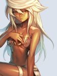  1girl bare_shoulders beltbra breasts collarbone dark_skin expressionless guilty_gear guilty_gear_xrd hair_between_eyes hand_on_own_chest hankuri long_hair looking_at_viewer medium_breasts midriff navel orange_eyes parted_lips platinum_blonde ramlethal_valentine shorts simple_background solo thigh_strap under_boob white_hair 