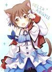  1boy :3 :d animal_ears black_legwear blue_background blush brown_eyes brown_hair capelet cat_ears cat_tail character_name collarbone fang felix_argyle gradient gradient_background hand_up looking_at_viewer male_focus open_mouth pantyhose re:zero_kara_hajimeru_isekai_seikatsu short_hair smile solo sparkle tail thick_eyebrows trap yimu 