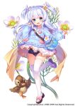  1girl :d baikamo_(flower_knight_girl) bird black_shoes blue_eyes blue_hair blue_shirt blue_skirt bow flower flower_knight_girl full_body hair_flower hair_ornament jug long_hair looking_at_viewer object_namesake official_art open_mouth pink_bow school_swimsuit shirt shoes shouni_(sato3) skirt smile solo standing standing_on_one_leg swimsuit swimsuit_under_clothes thigh-highs two_side_up white_background white_legwear 