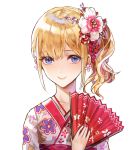  bangs blonde_hair blue_eyes earrings eyebrows_visible_through_hair fan floral_print flower flower_earrings hair_flower hair_ornament holding holding_fan japanese_clothes jewelry kim_eb kimono long_hair looking_at_viewer nail_polish obi original pink_kimono red_nails sash shiny shiny_hair side_ponytail simple_background smile upper_body white_background 
