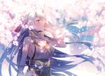 1girl bare_shoulders breasts character_request fate/grand_order fate_(series) hand_up headband long_hair looking_to_the_side moe_(hamhamham) outdoors petals red_eyes sideboob solo upper_body very_long_hair 