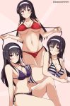  arm_support armpit_peek bangs bare_arms bare_shoulders bikini black_hair blush breasts cleavage collarbone commentary_request cosplay groin hairband halter_top halterneck horizontal_stripes kasumigaoka_utaha katou_megumi katou_megumi_(cosplay) knee_up legs_crossed long_hair looking_at_viewer lying medium_breasts multiple_views navel on_side pink_background purple_bikini red_bikini saenai_heroine_no_sodatekata sawamura_spencer_eriri sawamura_spencer_eriri_(cosplay) side-tie_bikini sitting smile stomach striped striped_bikini swimsuit tasora twitter_username undressing untied untied_bikini violet_eyes 