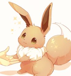  :3 blush closed_mouth eevee green_eyes hands highres pokemon pokemon_(creature) simple_background sitting solo_focus sparkle ushiina white_background 