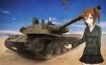  2girls aircraft artist_request blue_eyes brown_hair clouds day desert grass grey_hair ground_vehicle helicopter highres mbt-70 military military_vehicle motor_vehicle multiple_girls necktie original side_ponytail skirt sky tank 