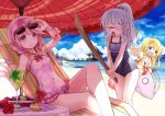  3girls 54hao beach blindfold highres multiple_girls sergestid_shrimp_in_tungkang sunglasses sunglasses_on_head swimsuit sword tagme weapon wooden_sword 