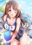  1girl ball bangs bare_arms beachball blush breasts brown_eyes brown_hair cleavage collarbone commentary_request competition_swimsuit garana hips holding holding_ball hose idolmaster idolmaster_cinderella_girls kneeling long_hair looking_at_viewer medium_breasts one-piece_swimsuit one_eye_closed open_mouth pool shimamura_uzuki smile solo sparkle swept_bangs swimsuit thighs water water_drop wet 
