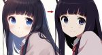  1girl animal_ears black_hair blue_eyes blush caidychen cat_ears closed_mouth commentary_request comparison directional_arrow long_hair looking_at_viewer neck_ribbon original red_ribbon ribbon simple_background smile solo upper_body white_background wing_collar 