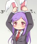  1girl animal_ears blush breasts cookie_(touhou) eyebrows_visible_through_hair hisui_(cookie) long_hair long_sleeves looking_away looking_up medium_breasts necktie po_(seiga67696379) purple_hair rabbit_ears red_eyes red_necktie reisen_udongein_inaba solo tearing_up touhou upper_body 