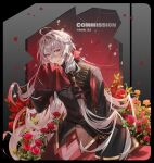  1boy absurdres androgynous ankou_(shuuen_no_virche) black_jacket bon_(bony_53) commission flower highres jacket long_hair long_sleeves looking_at_viewer male_focus pink_flower pink_rose red_eyes red_flower red_rose rose shuuen_no_virche solo white_hair 