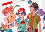  1girl 2boys ;) ^_^ baseball_cap black_hair blush brown_hair bulbasaur closed_eyes crobat fangs green_eyes happy hat kasumi_(pokemon) midriff multiple_boys navel one_eye_closed open_mouth orange_hair pants pikachu pokemon pokemon_(anime) pokemon_(creature) satoshi_(pokemon) shirt short_sleeves shorts smile staryu suspenders takeshi_(pokemon) teeth 