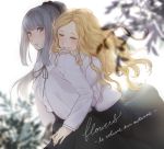  2girls bangs blonde_hair blush chiyo_(min0yoko) closed_eyes closed_mouth copyright_name eyebrows_visible_through_hair flower flowers_(innocent_grey) grey_hair hair_flower hair_ornament komikado_nerine long_hair multiple_girls parted_lips ponytail ribbon school_uniform smile text yatsushiro_yuzuriha yuri 