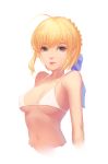  1girl blonde_hair braid breasts erect_nipples fate_(series) french_braid green_eyes looking_at_viewer medium_breasts navel saber simple_background solo upper_body white_background white_bikini_top xion32 