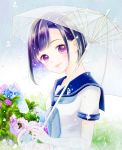  1girl aoi_mitsu black_hair day flower gradient_hair head_tilt hydrangea leaf lips looking_at_viewer multicolored_hair original outdoors purple_hair rain sailor_collar school_uniform serafuku short_hair short_sleeves smile solo transparent_umbrella umbrella upper_body violet_eyes water_drop 