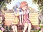  2girls :o arms_at_sides bangs bench blue_eyes blue_hair blurry blush brown_hair closed_eyes depth_of_field dress fence flower forehead-to-forehead gochuumon_wa_usagi_desu_ka? hair_ornament hairclip half-timbered hand_holding highres hoto_cocoa kafuu_chino long_hair looking_at_another missile228 multiple_girls orange_hair outdoors park park_bench pink_dress polka_dot polka_dot_dress puffy_short_sleeves puffy_sleeves short_hair short_sleeves side-by-side sitting sleeveless sleeveless_dress town x_hair_ornament yellow_dress 