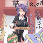  10s blush checkered checkered_necktie chocolate chocolate_heart eyepatch gift gloves headgear heart kantai_collection necktie partly_fingerless_gloves purple_hair rinwest school_uniform short_hair tenryuu_(kantai_collection) translation_request yellow_eyes 