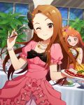  2girls ;) artist_request blush bow bracelet breasts brown_eyes brown_hair closed_mouth collarbone dress drooling food fork hair_bow holding holding_spoon hungry idolmaster idolmaster_million_live! idolmaster_million_live!_theater_days jewelry long_hair looking_at_viewer minase_iori multiple_girls necklace official_art one_eye_closed oogami_tamaki open_mouth pink_dress plant plate puffy_short_sleeves puffy_sleeves short_sleeves small_breasts smile spoon star star-shaped_pupils symbol-shaped_pupils table window 