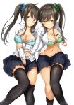  2girls black_legwear blue_eyes blush bra breasts brown_hair cleavage commentary_request green_eyes highres large_breasts long_hair looking_at_viewer multiple_girls nametake_(nekoyasya12172) navel one_side_up open_clothes original parted_lips pleated_skirt pout school_uniform scrunchie side_ponytail sisters skirt thigh-highs thighhighs_pull underwear undressing white_background 