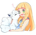  1girl alola_form alolan_vulpix blonde_hair braid commentary_request face_licking hetchhog_tw licking lillie_(pokemon) long_hair open_mouth pokemon pokemon_(anime) pokemon_(creature) pokemon_sm_(anime) simple_background sleeveless twin_braids upper_body white_background 