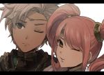  1boy 1girl boey_(fire_emblem) brown_eyes circlet dark_skin fire_emblem fire_emblem_echoes:_mou_hitori_no_eiyuuou highres kometubu0712 long_hair mae_(fire_emblem) one_eye_closed open_mouth pink_hair portrait simple_background twintails white_background white_hair 