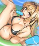  1girl bikini black_bikini blonde_hair blurry breasts brown_eyes cleavage collarbone depth_of_field food foreshortening from_above giving hair_intakes large_breasts licking long_hair looking_at_viewer looking_up open_mouth original popsicle shiba_nanasei sitting solo swimsuit 