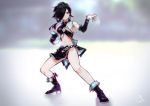  1girl absurdres belt black_hair blurry blurry_background breasts cleavage cleavage_cutout detached_sleeves fighting_stance highres long_hair okuto original red_eyes signature solo standing 