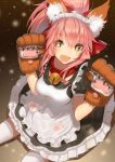 1girl animal_ears apron fate/grand_order fate_(series) fox_ears gloves lloule long_hair open_mouth paw_gloves paws pink_hair solo tail tamamo_(fate)_(all) tamamo_cat_(fate/grand_order) yellow_eyes 