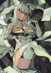  1girl bangs blue_eyes blunt_bangs breasts elbow_gloves eric_muentes gloves granblue_fantasy grey_eyes grin hair_ornament head_tilt korwa large_breasts legs_crossed long_hair looking_at_viewer quill silver_hair sitting smile solo thigh-highs thighs 