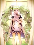  1girl bow clover_hair_ornament four-leaf_clover_hair_ornament frills glasses gotmil gradient_legwear green_hair hair_bow hair_ornament long_hair looking_at_viewer maid maid_headdress orange_legwear original solo twintails very_long_hair wavy_hair window yellow_eyes 