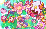  &gt;_&lt; backwards_hat bangs baseball_cap bean_stalk beanie blue_sky blunt_bangs blush boom_microphone bow bowtie closed_eyes clouds cravat fangs floating flower from_above hat kirby kirby_(series) microphone nintendo no_humans official_art people_of_the_sky sky smile taranza video_camera waddle_dee watering_can 