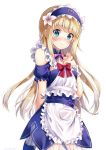  :&lt; androgynous apron arm_behind_back bangs blonde_hair blue_eyes blush closed_mouth cowboy_shot eyebrows_visible_through_hair fate/grand_order fate_(series) frilled_apron frilled_sleeves frills green_eyes hand_on_own_chest headdress highres le_chevalier_d&#039;eon_(fate/grand_order) long_hair looking_at_viewer maid nonono puffy_short_sleeves puffy_sleeves short_sleeves sidelocks simple_background solo waist_apron white_background 
