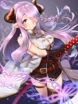  1girl black_gloves black_legwear blue_eyes breasts fingerless_gloves gloves granblue_fantasy hair_over_one_eye highres horns large_breasts long_hair looking_at_viewer narumeia_(granblue_fantasy) pink_hair pointy_ears sideboob solo thigh-highs toki_(toki_ship8) 