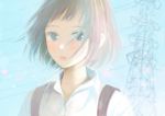  1girl backpack bag blue_eyes blue_sky blush bob_cut brown_hair collarbone commentary_request day hair_over_one_eye looking_at_viewer nakamura_hinata original portrait power_lines shirt short_hair sky solo sunlight transmission_tower white_shirt wing_collar 