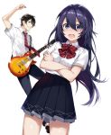  1boy 1girl arisaka_ako arm_up bangs black_eyes black_hair black_skirt blouse blush cover cover_page cowboy_shot crossed_arms dutch_angle eyebrows_visible_through_hair grin guitar hair_between_eyes hikikomori-hime_wo_utawasetai! instrument les_paul long_hair necktie novel_cover open_mouth parted_lips plaid plaid_bowtie plaid_necktie pleated_skirt plectrum purple_hair school_uniform short_sleeves simple_background skirt smile solo_focus standing thighs violet_eyes white_background white_blouse 