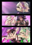 +_+ 4girls ;d ^_^ ^o^ aqua_eyes black_background black_hair callie_(splatoon) closed_eyes comic concert crop_top crown dark_skin domino_mask dress fangs fingerless_gloves gloves hair_ornament happy idol marie_(splatoon) marina_(splatoon) mask midriff multiple_girls musical_note nail_polish navel one_eye_closed open_mouth pearl_(splatoon) pointy_ears purple_hair shorts silver_hair simple_background smile splatoon splatoon_2 symbol-shaped_pupils teeth tentacle_hair watching waving white_hair wong_ying_chee yellow_eyes zipper