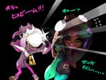 2girls black_background buck_teeth crop_top crown dark_skin domino_mask dress fangs fingerless_gloves forehead gloves glowing green_legwear headphones long_hair marina_(splatoon) mask midriff mole mole_under_mouth multiple_girls octarian one_eye_closed pearl_(splatoon) pink_legwear short_hair shorts simple_background splatoon splatoon_2 tentacle_hair white_hair zipper