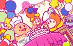  3boys apron balloon bandanna banner birthday_cake blowing blush_stickers bow bowl bowtie cake candle chef_hat chef_kawasaki dutch_angle food glass_bowl hat icing king_dedede kirby_(series) mask meta_knight multiple_boys nintendo no_humans official_art pastry_bag robe sweat table tablecloth trembling waddle_dee whisk 