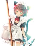  1girl animal_ears blue_eyes blush bow breasts brown_hair bucket cat_ears cat_tail closed_mouth eyebrows_visible_through_hair gloves hair_ribbon holding_bucket looking_at_viewer maid maid_headdress medium_breasts multicolored multicolored_eyes original red_bow red_ribbon ribbon sheepd short_hair smile solo tail white_gloves yellow_eyes 