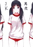  3girls :t arms_behind_back black_hair blush breasts buruma caidychen commentary_request cowboy_shot long_hair looking_to_the_side medium_breasts multiple_girls red_buruma short_sleeves simple_background solo_focus standing translation_request twintails violet_eyes white_background 