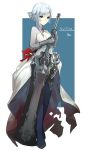  1girl allos artist_name asymmetrical_hair bangs blue_eyes blue_legwear breasts character_name closed_mouth dress eyebrows_visible_through_hair full_body hands_up highres holding holding_sword holding_weapon medium_breasts short_hair_with_long_locks signature silver_hair sinoalice snow_white_(sinoalice) solo standing sword weapon white_dress 