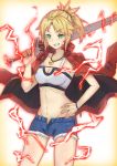  1girl absurdres artist_request blonde_hair breasts clarent cowboy_shot denim denim_shorts fang fate/apocrypha fate_(series) green_eyes highres jacket_on_shoulders midriff saber_of_red short_shorts shorts small_breasts smile solo 