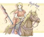  1boy armor armored_boots boots character_name dated fingerless_gloves gloves green_eyes horse long_hair low_ponytail male_focus polearm solo spear star tear_ring_saga troy_(tear_ring_saga) vestaria_saga weapon 